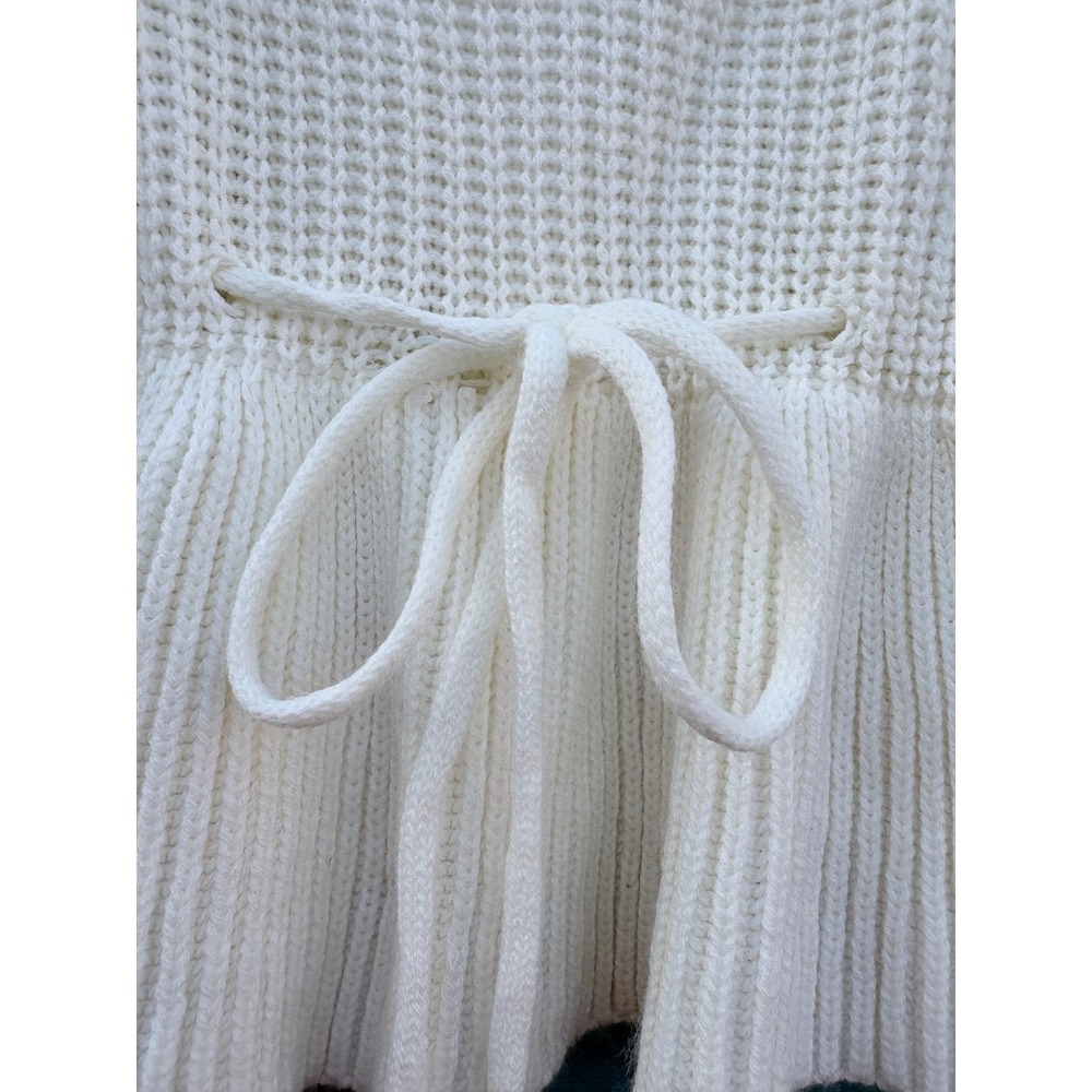 Scallop Ruffle V-Neck Peplum Ribbed Knit Sweater Balloon Sleeve Drawstring Waist - Picture 3 of 7